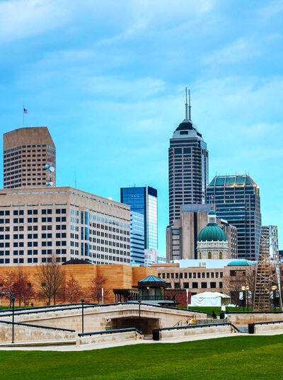 A view of the city skyline from across the street.